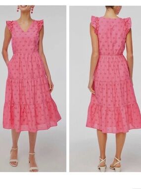 J. Crew Factory Eyelet Flutter Ruffle Sleeve Tiered Midi Dress Tropical Papaya